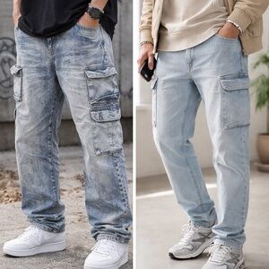 Fashion Nova Men's Relaxed Cargo Jeans in Light Blue